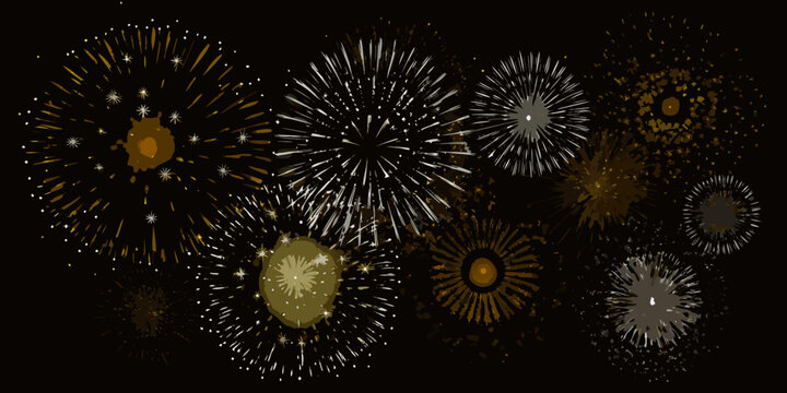 Cluster of realistic gold and silver fireworks explosions against a black background celebratory display