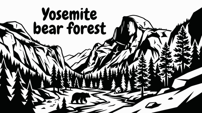 yosemite national park landscape with black bear in forest mountain scenery and natural environment representing american wildlife travel adventure for commercial vector illustration design