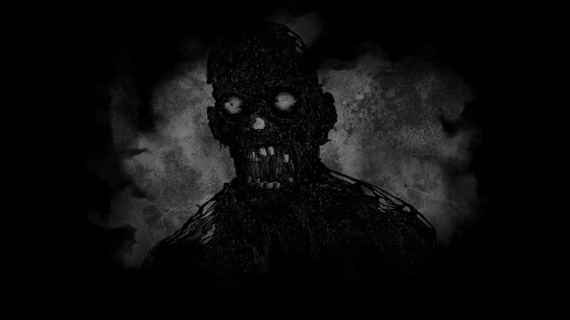 黒いノイズの入った動く人影と白黒の不気味な背景のアニメーション動画