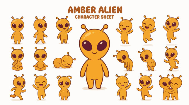 Cute Cartoon Amber Alien Character Collection Flat Vector Illustration For Commercial Use