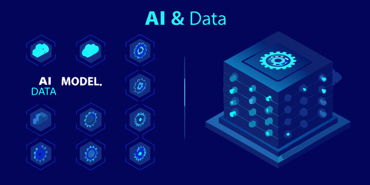 Isometric Gear And Cloud Icons With Hexagonal Frames Representing Artificial Intelligence And Data Systems