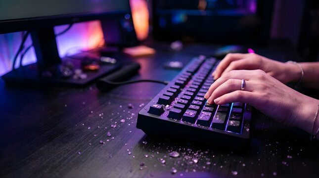 Person typing on a mechanical keyboard with scattered crystal shards