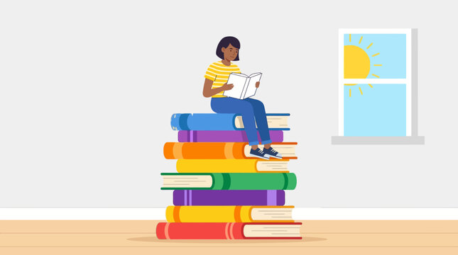 Inspiring Education Concept with a young girl sitting on a stack of colorful books reading, ideal for literacy campaigns and perfect for educational blog posts.