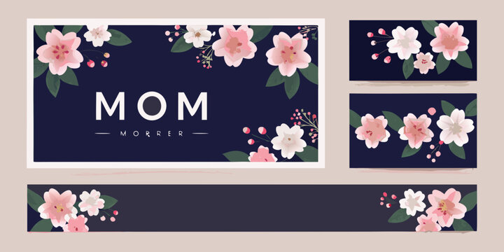 Floral ornament set with pink and white blossoms on a dark navy background vector illustration