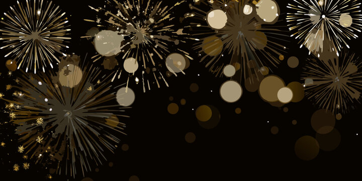 Golden fireworks exploding against a black background a celebratory vector illustration with bokeh effects