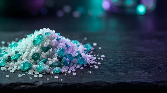Pile of colorful sea salt and crystals on a dark slate background for spa