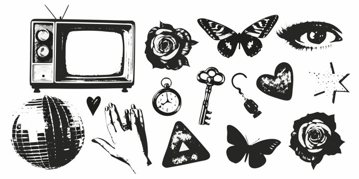 Black And White Collage Featuring A Television Roses Butterflies And Various Symbolic Objects monochrome