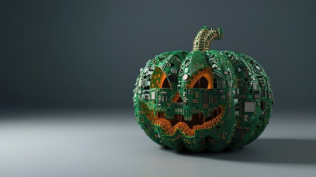 Halloween pumpkin shape constructed entirely from green electronic circuit boards