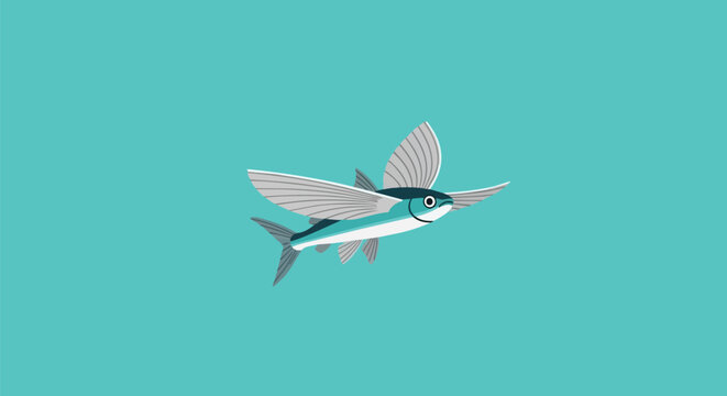 Stylized flying fish vector illustration with wide wings swimming and leaping in the deep blue ocean.