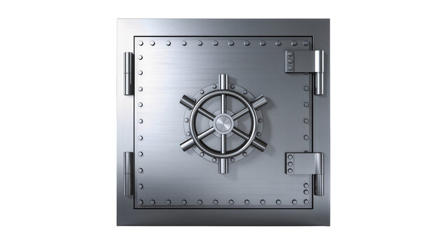 Heavy steel vault door with circular locking mechanism and hinges