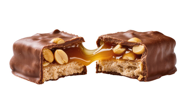 Chocolate bar with caramel and peanuts broken in half