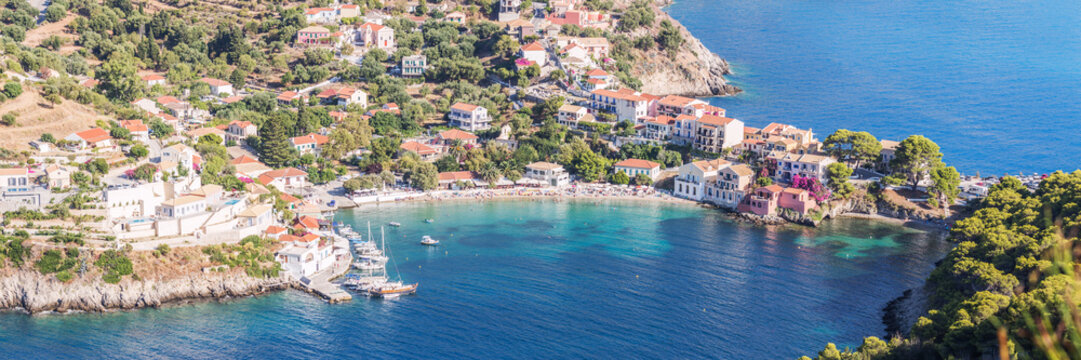 High angle view of the coastline and town of Assos, Kefalonia, Greek Islands, Greece
