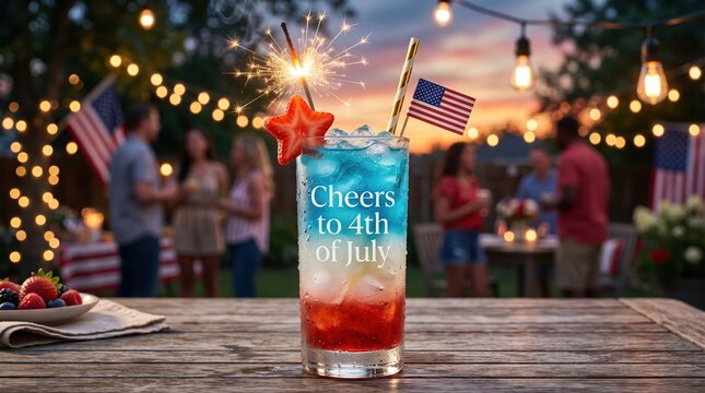 Layered red white and blue cocktail in a glass with a star shaped strawberry and sparkler on a wooden table at an outdoor fourth of july party with blurred people and string lights in background
