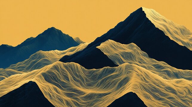 Clean graphic digital abstract mountain range artwork, solid golden yellow sky, alternating navy blue and shimmering gold mountain blocks, thin sinuous parallel curved lines detail gold terrain