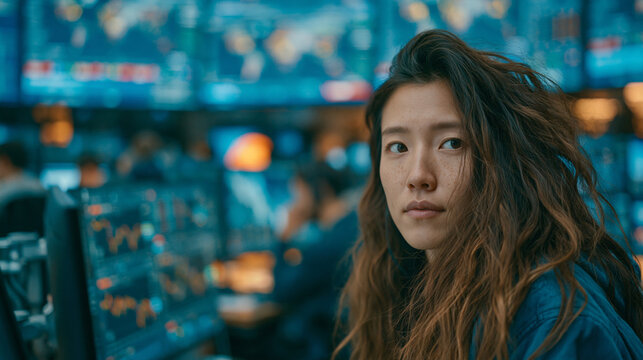 Contextual portrait of a focused young professional woman looking forward in a dimly lit office space filled with glowing financial data screens.