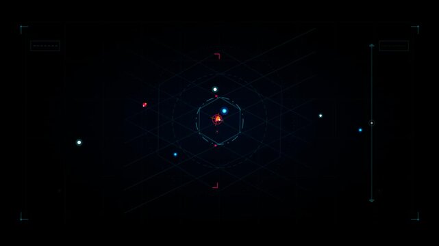 Futuristic HUD interface showing rotating orbital data visualization.