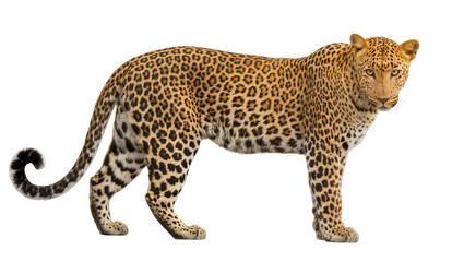 Leopard standing profile view with spotted fur and curled tail © Miguel