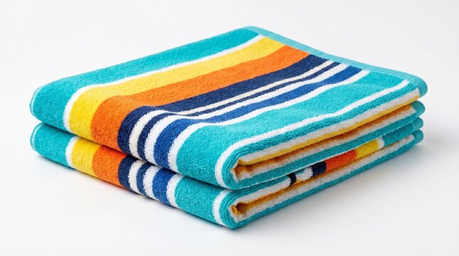 Folded striped beach towel PNG isolated on transparent background, colorful summer vacation accessory for travel and relaxation