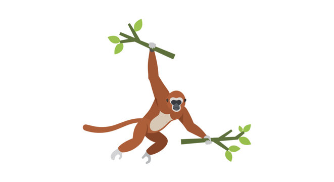 Brown Siamang Gibbon Monkey Hanging on a Green Branch Vector Illustration Isolated on White Background