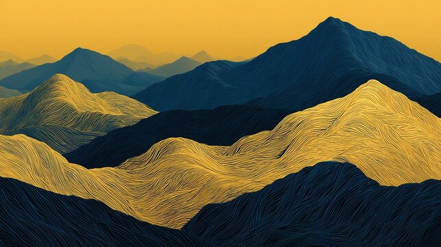Clean graphic digital abstract mountain range artwork, solid golden yellow sky, alternating navy blue and shimmering gold mountain blocks, thin sinuous parallel curved lines detail gold terrain