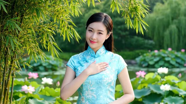 A woman in a cheongsam smiles by the lotus pond, a cheongsam woman is a garden beauty