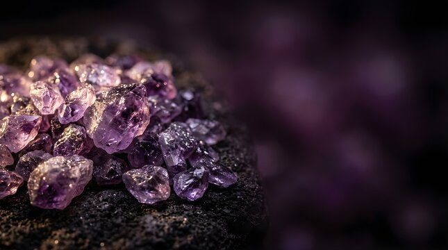Purple amethyst crystal shards glowing on dark rock texture background