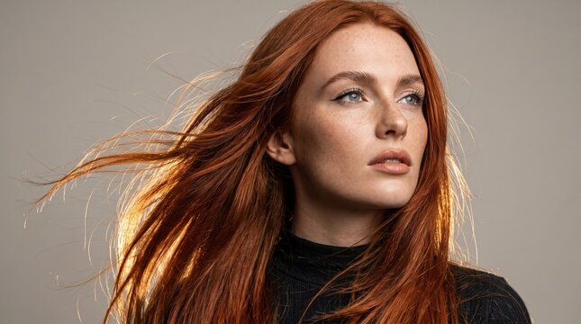Fashion portrait of young woman with rich copper red with fiery highlights. Good looking young fashion female model with natural makeup and clear skin. Beauty and cosmetology.