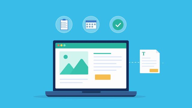 Modern flat vector animation featuring a laptop dashboard with task, calendar, and completion icons. Ideal for project management, workflow organization, scheduling, and productivity concepts.