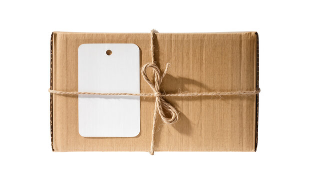 Cardboard box tied with twine and blank tag