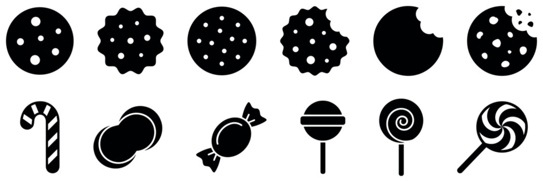 Dessert and sweet food icons set, candy, cookie, lollipop vector illustration.