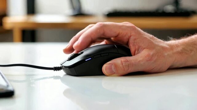 Hand using computer mouse on desk.