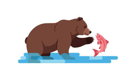 Fototapeta premium Wild Grizzly Brown Bear Hunting a Jumping Salmon Fish in Blue River Water Nature Vector Illustration