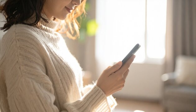 健康アプリを片手でスクロールする日本人・リビング室内・顔なし胸元構図 / Japanese Person One-Hand Scrolling Health Wellness App &mdash; Chest-Up Frame, Face Excluded, Soft Living Room Bokeh, Healthcare Digital Lifestyle, Natural Light