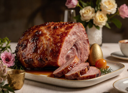 A beautifully glazed, roasted ham is served on a platter, elegantly accompanied by a golden egg and fresh floral arrangement