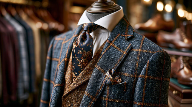 Close-up shot showcasing a premium bespoke three-piece suit featuring a textured grey and orange plaid jacket, a brown tweed vest, a floral silk tie, and a pocket square.
