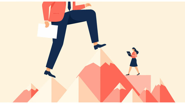 Gender Inequality in Career Growth Illustration: Giant Businessman Stepping Over Mountains vs Small Businesswoman