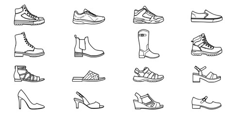 Obraz premium Shoes Grid of Various Footwear Types Including Sneakers, Boots, Sandals, and High Heels in Monochrome Line Style