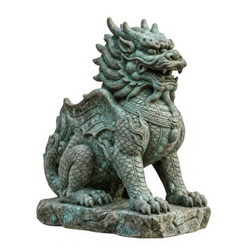 Ancient chinese mythical creature statue, a bronze pixiu or qilin guardian sculpture isolated on transparent background