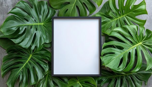 Minimalist Mockup Featuring An Empty Black Picture Frame Surrounded By Fresh Green Monstera Leaves.