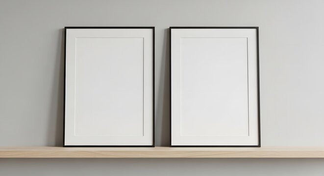 Mockup of two vertical black frame posters on a wooden shelf