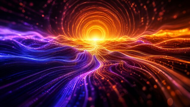 Organic high-speed waves disappearing into a bright circular light at the horizon. Dynamic volumetric lighting and motion blur accentuating the central data flow