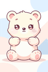 A cute, fluffy white cartoon polar bear cub with sparkling eyes and pink accents, sitting upright with its paws raised. © mifta