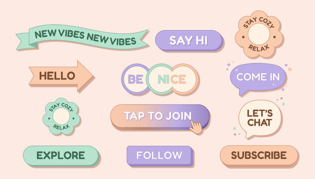 Cute pastel UI buttons and stickers set. Social media elements with speech bubbles, ribbons, smiley flowers and call to action labels. Vector design collection