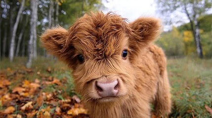 Obraz premium A Close Up Portrait Of A Cute Fluffy Highland Cow Calf Standing In A Beautiful Autumn Forest Setting