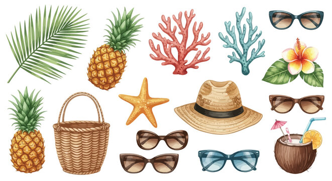 Summer beach vector illustration set palm trees sun and seaside accessories