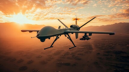 Obraz premium Unmanned military combat aerial vehicle flying over a barren conflict zone at a dramatic warm sunset