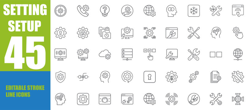 45 Minimalist Setting and Configuration Line Icons Set for UI/UX Design