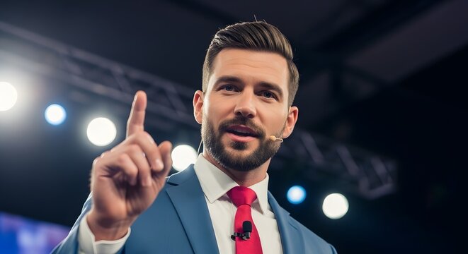 Charismatic Keynote Speaker in Blue Suit Gesturing on Stage with Lights