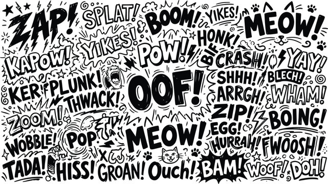 Comic sound effects doodle, explosion splash speech bubble for comics book, cartoon pop art expressions, vector hand drawn.