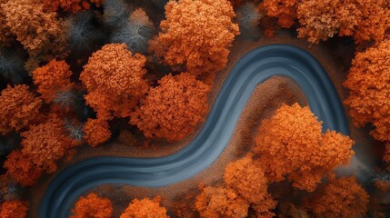 Obraz premium Aerial Drone View of a Winding Countryside Forest Road Surrounded by Vibrant Autumn Orange Trees